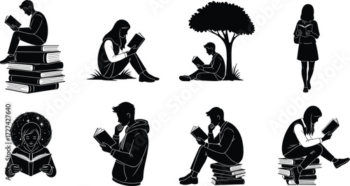 Reading silhouette, book stack, student posture, tree reading, thoughtful learning, celestial background, education concept, peaceful study, black figure, knowledge, contemplation, imagination