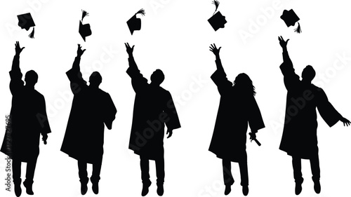 Graduation celebration silhouette, students throwing caps, academic success, joyful achievement, university ceremony, education milestone, group of graduates in motion, white background