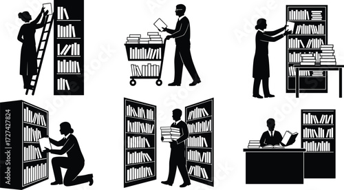 library, bookshelf, reading, education, silhouette, books, study, research, organize, student, knowledge, illustration, black, white, desk