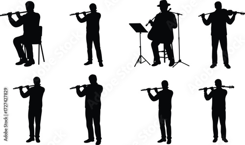 Silhouette musicians playing flute, seated and standing poses, black and white illustration, music performance, wind instrument, artistic, concert, education, practice