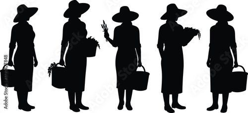 Silhouette female farmer holding carrots, wearing hat and dress, harvesting produce, black and white illustration, agriculture, gardening, organic food, rural lifestyle