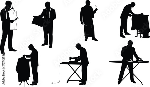 Tailoring silhouette set, sewing, garment making, fashion design, dressmaking, textile work, needlework, clothing production, creative process, apparel creation, black vector icons