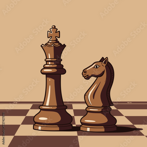 Chess pieces in motion: king and knight on chessboard background, vector, World Chess Day 
