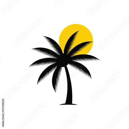 Vector art of silhouette of a palm tree against a yellow sun