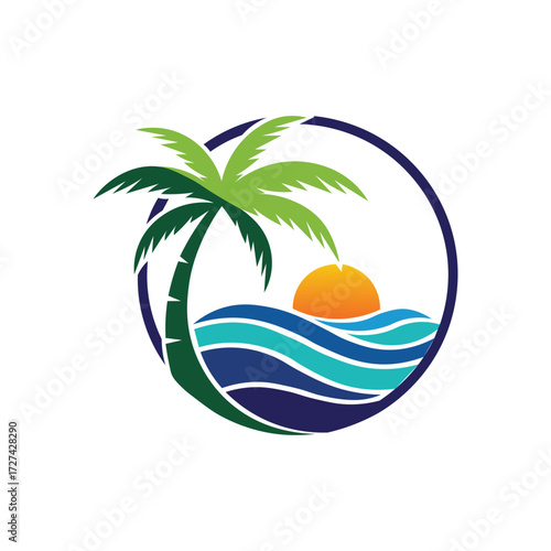 Vector art of colorful logo of a palm tree, ocean waves, and sun within a circle