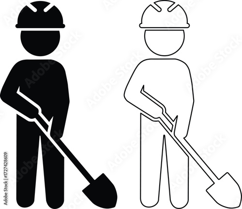 Two construction workers with shovels in silhouette style illustration