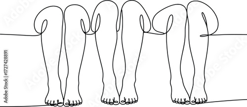 Three pairs of human legs viewed from the back standing on a thin line