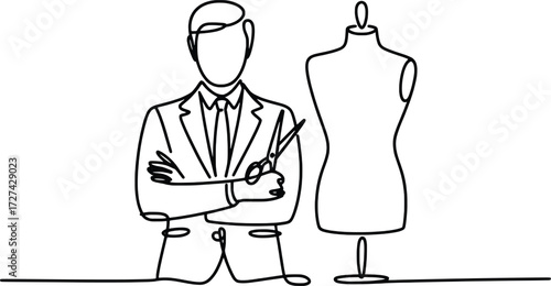 Fashion designer standing next to mannequin with scissors in hand one line art