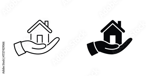 Black and white icons of hands holding houses, symbolizing home care, property support, real estate protection, and housing assistance