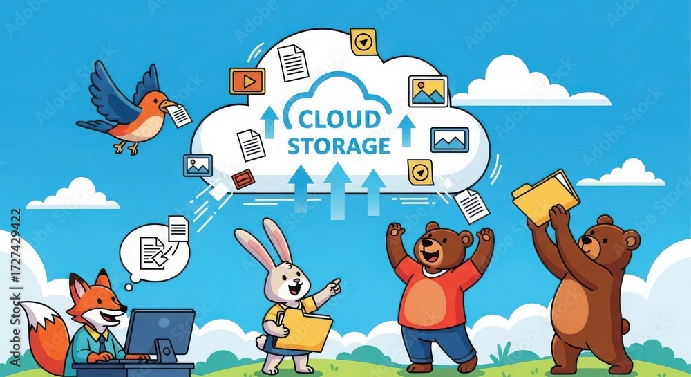 Fototapeta premium Cute cartoon animals using cloud storage for data, representing digital file management and online backup solutions