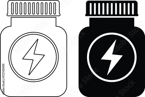 Two energy supplement bottles one outline and one black silhouette with lightning bolt symbol