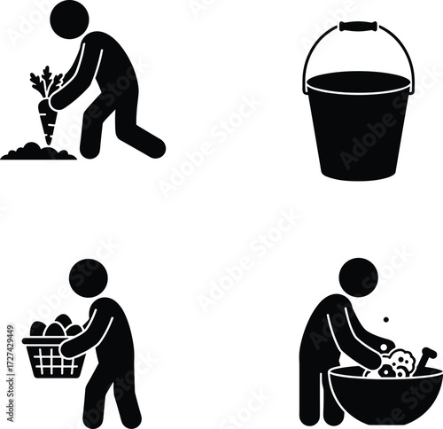 Harvesting icons, food preparation silhouettes, vegetable washing, farming tools, agricultural activity, produce handling, eco-friendly lifestyle, rural work