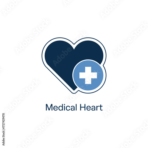 Dark blue heart icon with medical cross, symbolizing heart health, healthcare services, cardiology care, and wellness support systems