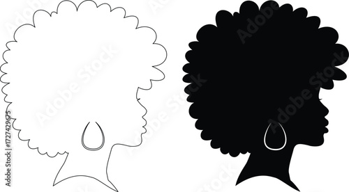 Two profile silhouettes of a woman with an afro hairstyle and earring silhouette