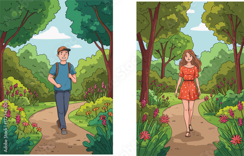 Nature walk, forest path, outdoor adventure, peaceful scenery, lush greenery, blooming flowers, tranquil moment, parallel journey