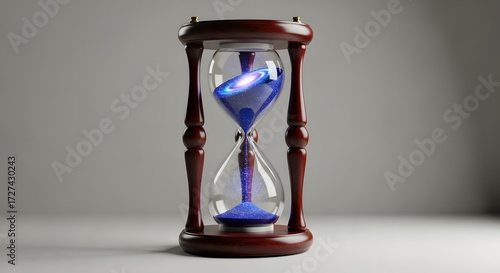 A conceptual representation of cosmic time with a galaxy swirling inside a classic wooden hourglass
