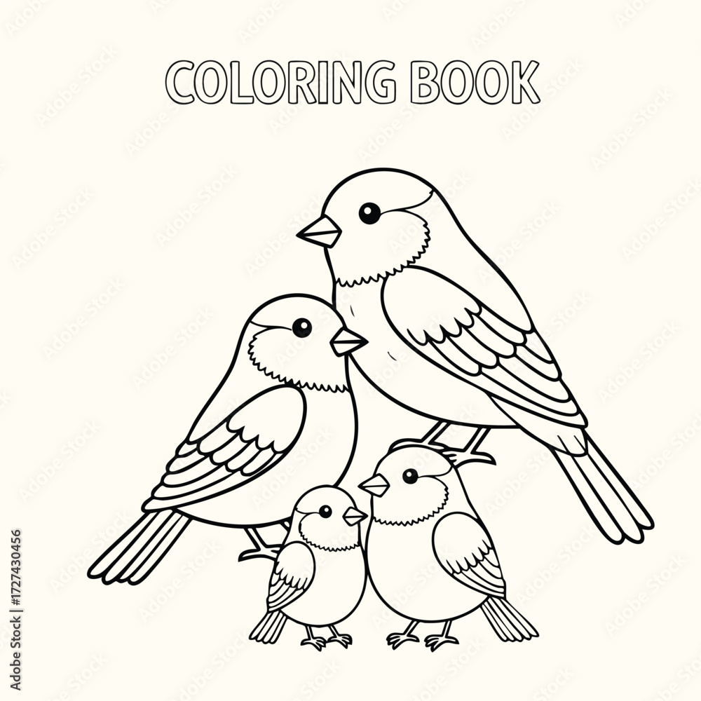Fototapeta premium A delightful collection of four charming birds designed for a creative coloring experience and artistic enjoyment.
