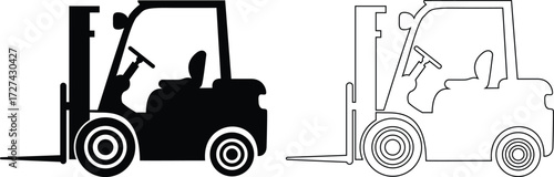 Industrial forklift truck in solid black silhouette and line art outline silhouette