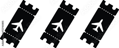 Three black airplane tickets with white airplane symbols travel concept isolated on