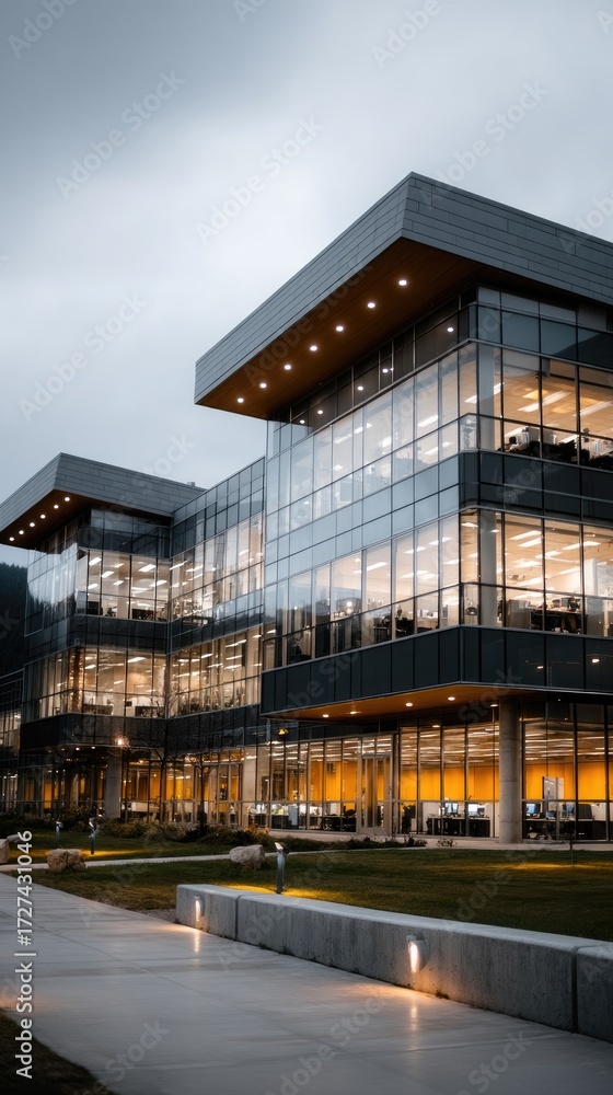 Fototapeta premium Office building illuminated at dusk with bright warm lights shining through large windows creating a cozy atmosphere in a modern urban environment