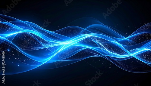 Abstract wavy lines, in shades of blue, with glowing highlights & particle effects against a dark blue background