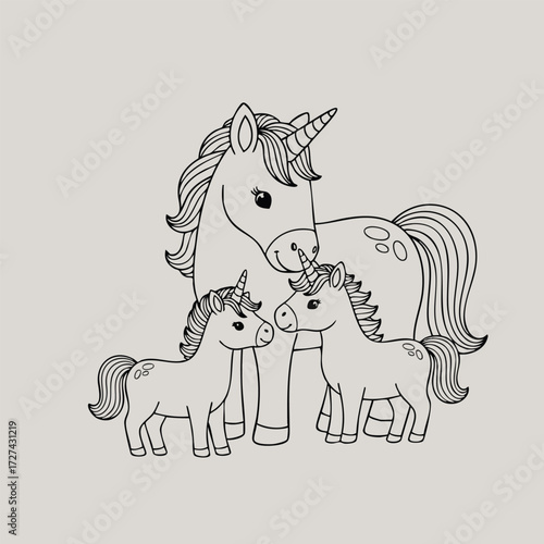 A whimsical scene featuring a mother unicorn with her two adorable foals, showcasing their enchanting charm and grace.