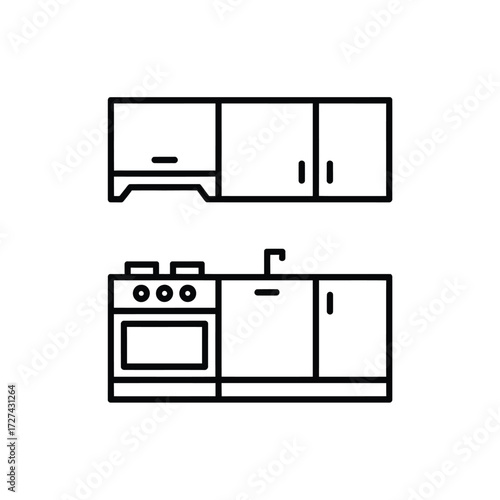 Simple line art icon of a kitchen counter with stove and cabinets