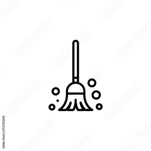 Simple line art icon of a broom and bubbles for cleaning