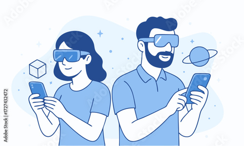 Couple using augmented reality smartphones — flat vector illustration