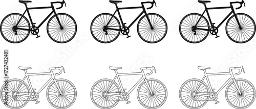 PrintBicycle silhouette collection, black and white bike illustrations, side view vector set, minimal design, cycling concept art, modern transportation icons