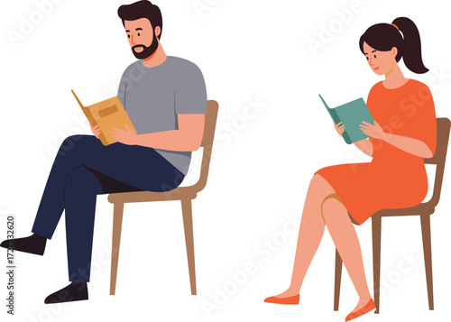 Reading individuals, seated study, quiet engagement, book lovers, thoughtful expression, literary focus, peaceful activity, academic pursuit