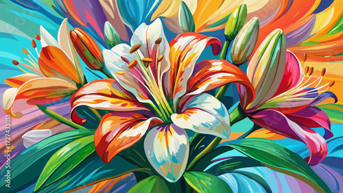 A vibrant impressionist oil painting of a lily bouquet captures radiant colors, textured brushstrokes, and expressive movement, blending delicate petals, soft light, and artistic elegance into a 