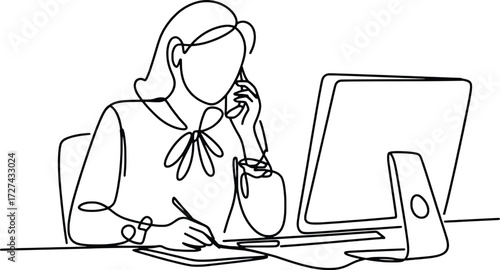Busy professional woman works at computer takes notes and talks on phone single line art