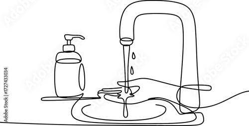 Continuous line drawing of a kitchen sink with running water and soap dispenser