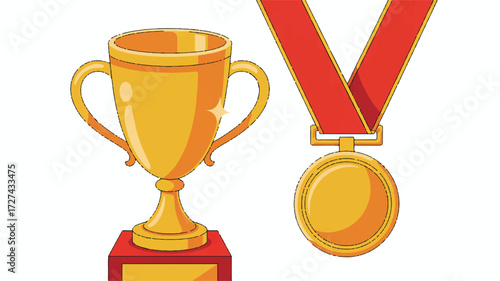 A simple cartoon illustration of a golden trophy cup and medal on a white background. 
