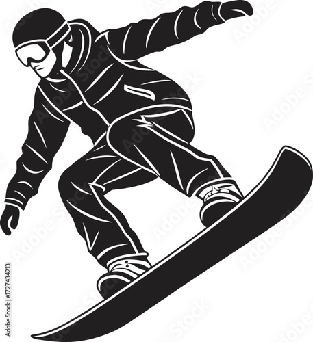 Minimal black silhouette of a man snowboarding