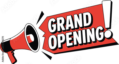 Bold red megaphone announcing grand opening event and announcement exciting business promotion