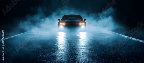 Electric car dark foggy road headlights glowing front view wet asphalt night blue light