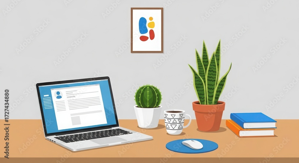 Fototapeta premium A modern home office desk with a laptop displaying emails, a mouse, a cactus, a snake plant, a coffee mug, and books, suggesting productivity and a comfortable workspace