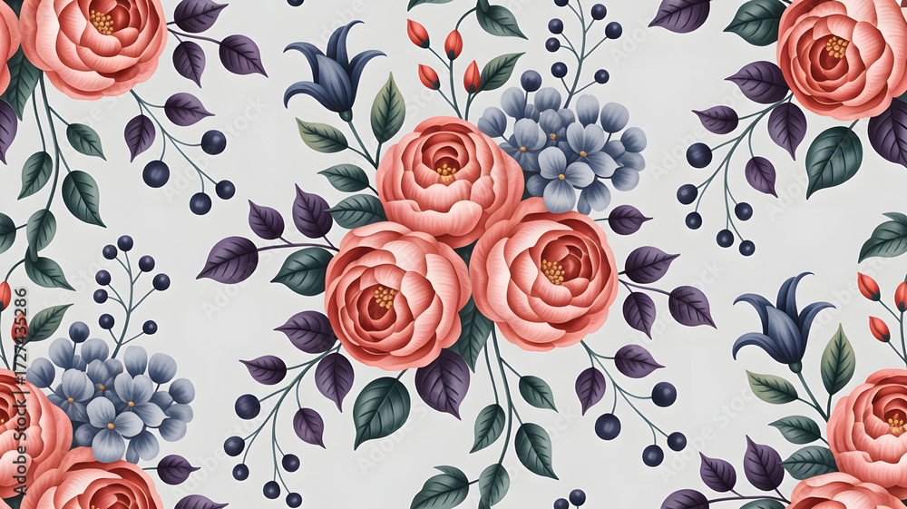 Naklejka premium Seamless floral pattern with delicate pink roses, blue hydrangeas, and dark berries on a light background. 