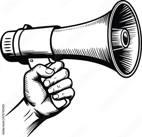 Hand holding megaphone announcing loudly with sketchy drawing style communication protest