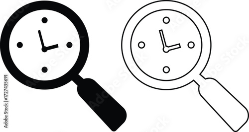 Magnifying glass with clock face silhouette and outline for time analysis