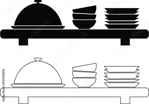 Two shelves displaying stacked bowls and plates with serving cloches silhouette