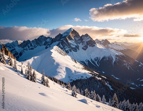 Majestic Snowy Mountain Range at Sunset