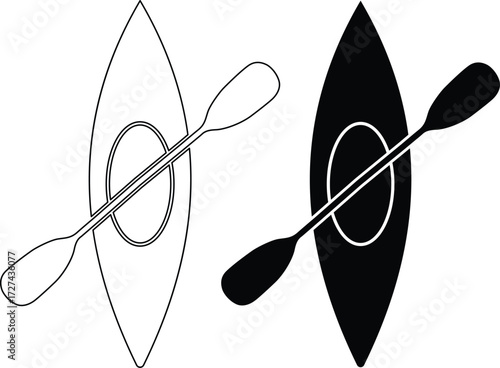 Two kayaks with paddles one outline and one black silhouette