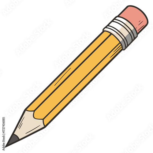 A classic yellow pencil with a pink eraser is shown isolated on a plain white background, ready for writing or drawing