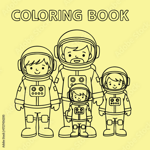 A playful coloring book design featuring a family of astronauts in space suits on a vibrant yellow .