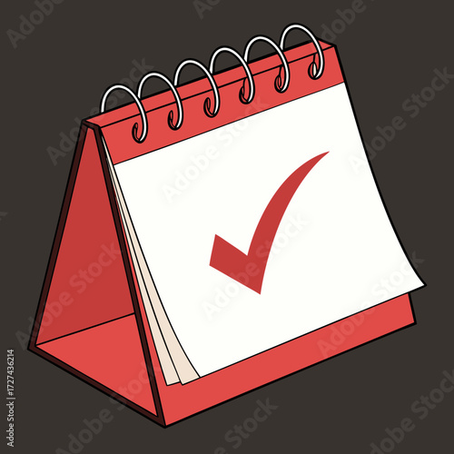 A red desk calendar with a white page marked with a red checkmark, symbolizing completion or a scheduled event