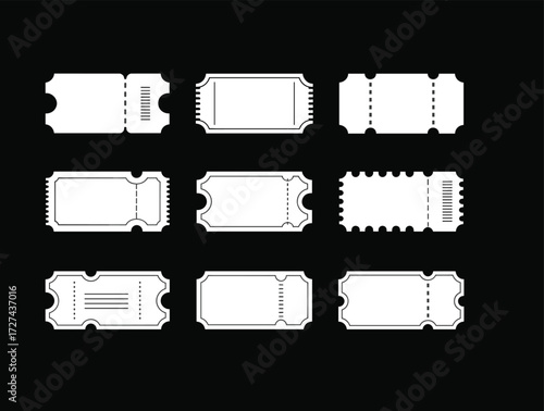 Set of blank retro paper tickets icons for events and promotions isolated on white