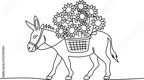 Whimsical donkey carrying a basket full of sunflowers in a continuous line drawing style